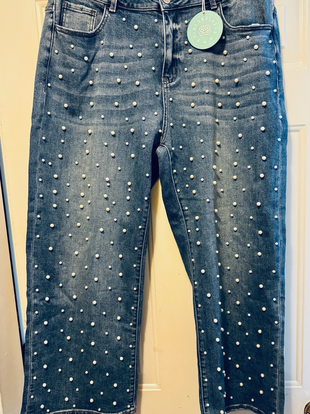Pearl-Studded Straight Leg Jeans - Dark Blue